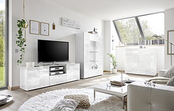 Sala completa di base porta tv, madia e vetrina in bianco laccato lucido serigrafato