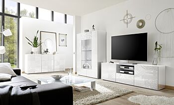 Sala completa di base porta tv, madia 3 ante e vetrina in bianco laccato lucido serigrafato