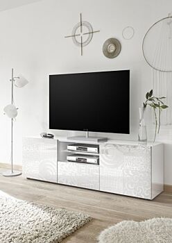 Sala completa di base porta tv, madia e vetrina in bianco laccato lucido serigrafato