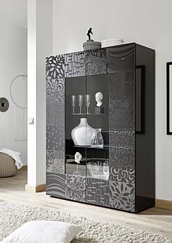 Sala completa di tavolo, madia 3 ante e vetrina, grigio serigrafato