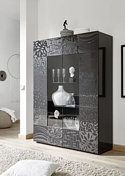 Sala completa di base porta tv, madia 3 ante e vetrina in grigio serigrafato