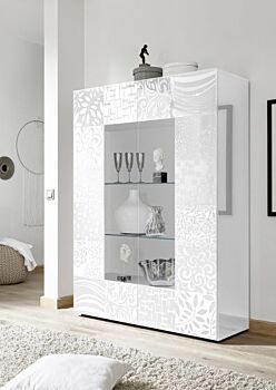 Sala completa di base porta tv, madia e vetrina in bianco laccato lucido serigrafato
