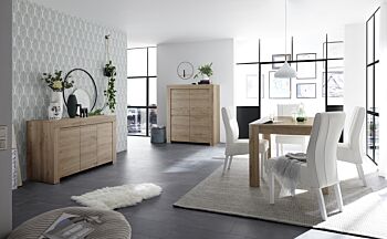 Sala di design composta da Madia alta, Madia 3 ante e Tavolo allungabile, finitura Rovere Cadiz