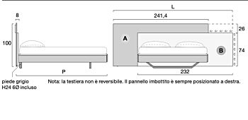 Letto matrimoniale con testiera in noce biondo e inserto tessuto panna, piedini in ferro