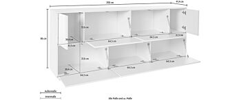 Credenza moderna con cinque ante a ribalta e due ante battenti, noce caracalla e bianco laccato lucido