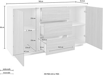 Credenza di design in finitura antracite laccato lucido con tre cassetti e due sportelli