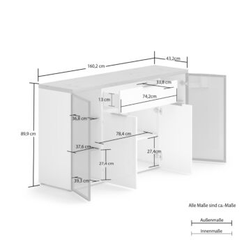 Madia moderna, colore Bianco lucido e Rovere chiaro