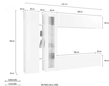 Elegante Parete attrezzata di design con vetrina L.280 cm, finitura Antracite lucido