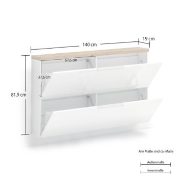 Scarpiera 2 ribalte, Bianco lucido e Rovere chiaro Made in Italy Zenzero Shop