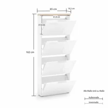 Scarpiera 4 ribalte, Bianco lucido e Rovere
