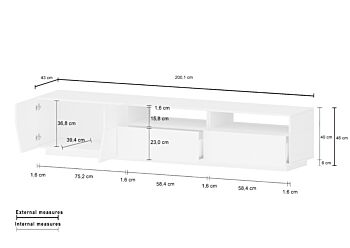 Nuovo Porta TV geometrico larghezza 200 cm, Bianco Lucido 
