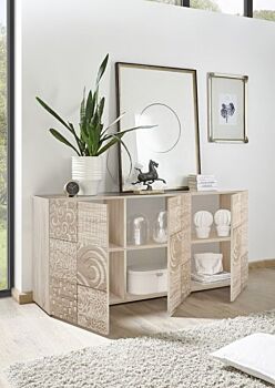 Madia con serigrafia, finitura rovere a 3 ante