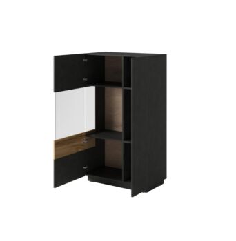 Credenza alta , vetrina contenitore, finitura antracite e rovere naturale