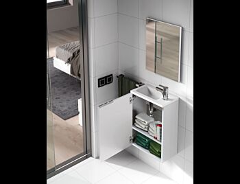 Composizione da bagno bianca lucida composta da lavabo e specchio di 40 cm 