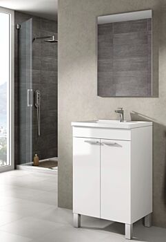 Mobile bagno salvaspazio a terra, finitura bianco lucido con specchio