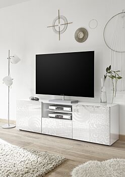 Mobili tv, porta tv a 2 ante, 1 cassetto bianco laccato lucido serigrafato