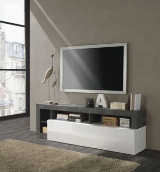 Porta Tv moderno in finitura bianco laccato lucido e ossido