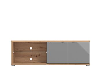 Mobile tv 2 ante e ripiano vetro, finitura Grigio grafite e Rovere