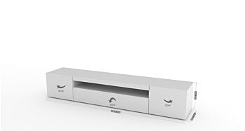 Base Porta TV moderna a 2 ante e 1 ribalta, finitura bianco lucido