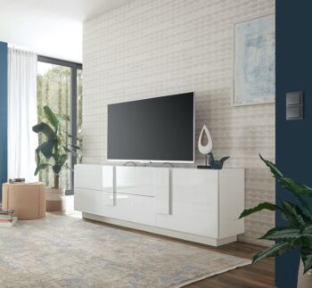 Occasione soggiorno moderno con madia alta e porta tv, finitura Bianco laccato lucido