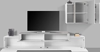 Porta Tv con pensile sospeso Bianco lucido e Cemento