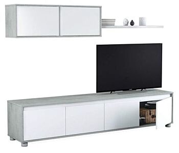 Soggiorno Zenzero, parete attrezzata moderna, con base tv, pensili e mensola, Bianco e Cemento