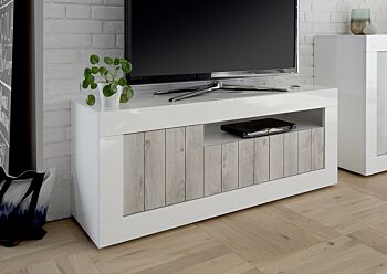 Mobili tv moderno a 3 ante, moderno e di design, finitura Bianco Lucido e Pino Bianco