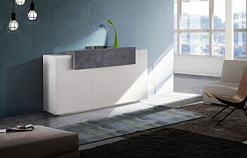 Madia moderna di design con 3 ante e una ribalta in finitura Bianco lucido e Ardesia