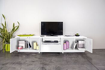 Porta tv di design con cassetto centrale e quattro ante laterali in finitura bianco laccato lucido