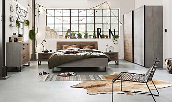 Camera completa Industry  in finitura Rovere e Grigio smoke