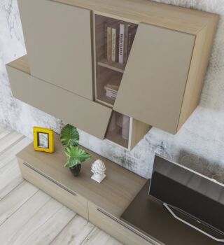 Parete attrezzata moderna, Olmo perla, Visone, Bianco seta e Fango,  Made in Italy