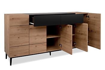 Madia moderna Glesborg con 5 ante e 2 cassetti in finitura Rovere e Nero carbone
