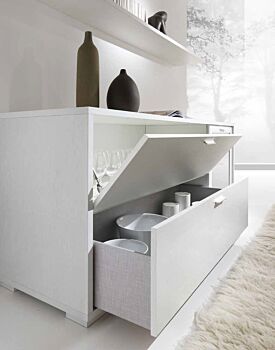 Credenza contenitore con anta in vetro, anta ribalta e cassettone inferiore 