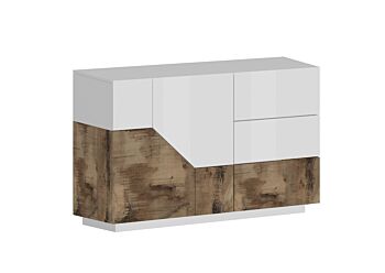 Economica Madia geometrica moderna 2 ante e 3 cassetti, Bianco lucido e Pero