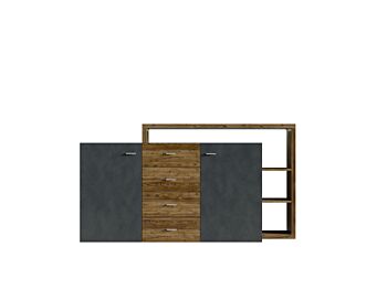  Credenza multiuso 2 ante e 4 cassetti, noce e antracite spatolato
