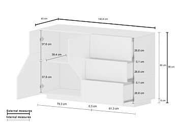 Economica Madia geometrica moderna 2 ante e 3 cassetti, Bianco lucido e Pero