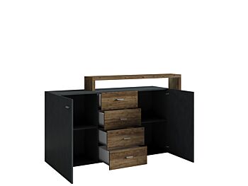 Credenza multiuso 2 ante e 4 cassetti, noce e antracite spatolato