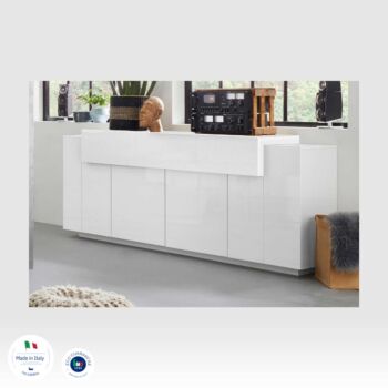 Madia moderna scontata a 4 ante e una ribalta, colore Bianco 