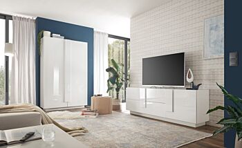 Occasione soggiorno moderno con madia alta e porta tv, finitura Bianco laccato lucido
