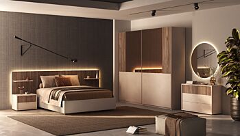 Armadio 2 ante scorrevoli, Cashmere e cannettato Noce caramello, specchi bronzo