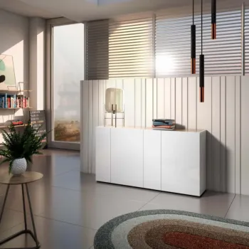 Madia moderna 4 ante, Bianco lucido con top Rovere in offerta