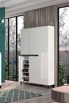 Scarpiera alta Bianco lucido e Ardesia a 5 ante e 20 ripiani, Made in Italy