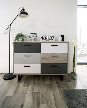 Madia Cassettiera Lappo di design con gambe in metallo, 6 cassetti, finitura Quercia, Bianca, Grigio e Antracite