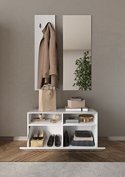 Innovativo Mobile da ingresso geometrico finitura Bianco lucido con dettagli a specchio