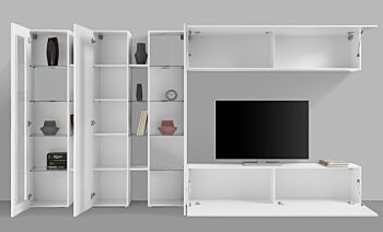 Conveniente Parete attrezzata con vetrine L.340 cm, finitura Bianco lucido, Made in Italy