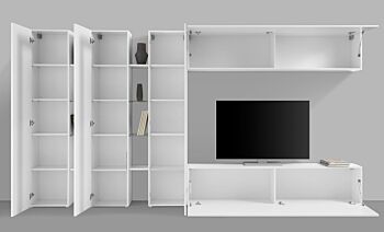 Parete attrezzata L.340 cm, finitura Bianco lucido, Made in Italy