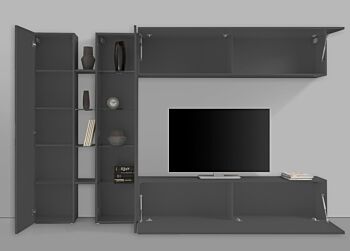 Elegante Parete attrezzata di design con vetrina L.280 cm, finitura Antracite lucido