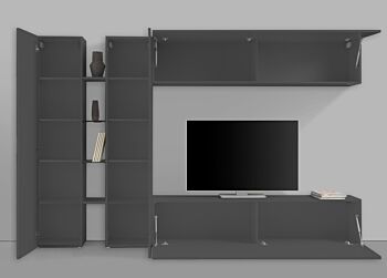 Parete attrezzata economica e moderna con vetrina L.280 cm, finitura Antracite lucido