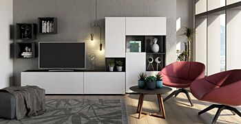Parete attrezzata moderna, finitura bianco lucido e grigio Made in Italy