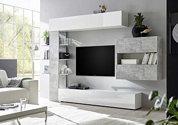 Soggiorno Zenzero parete attrezzata moderna con pensili Bianco Laccato Lucido e Beton